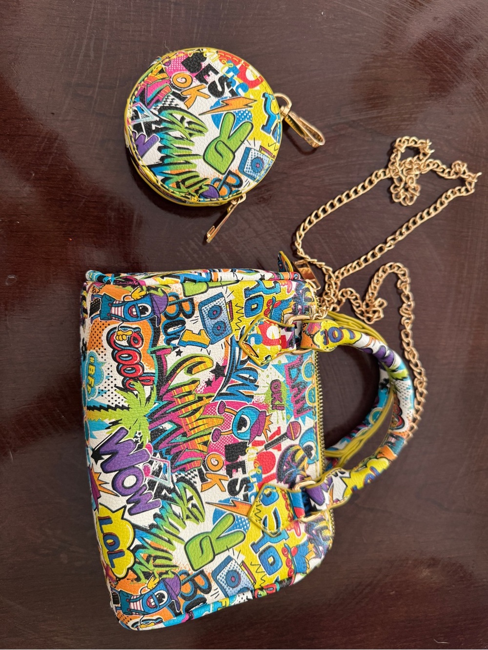 Colorful Graffiti Print Satchel Handbag - Yellow Accent - Picture 3 of 4
